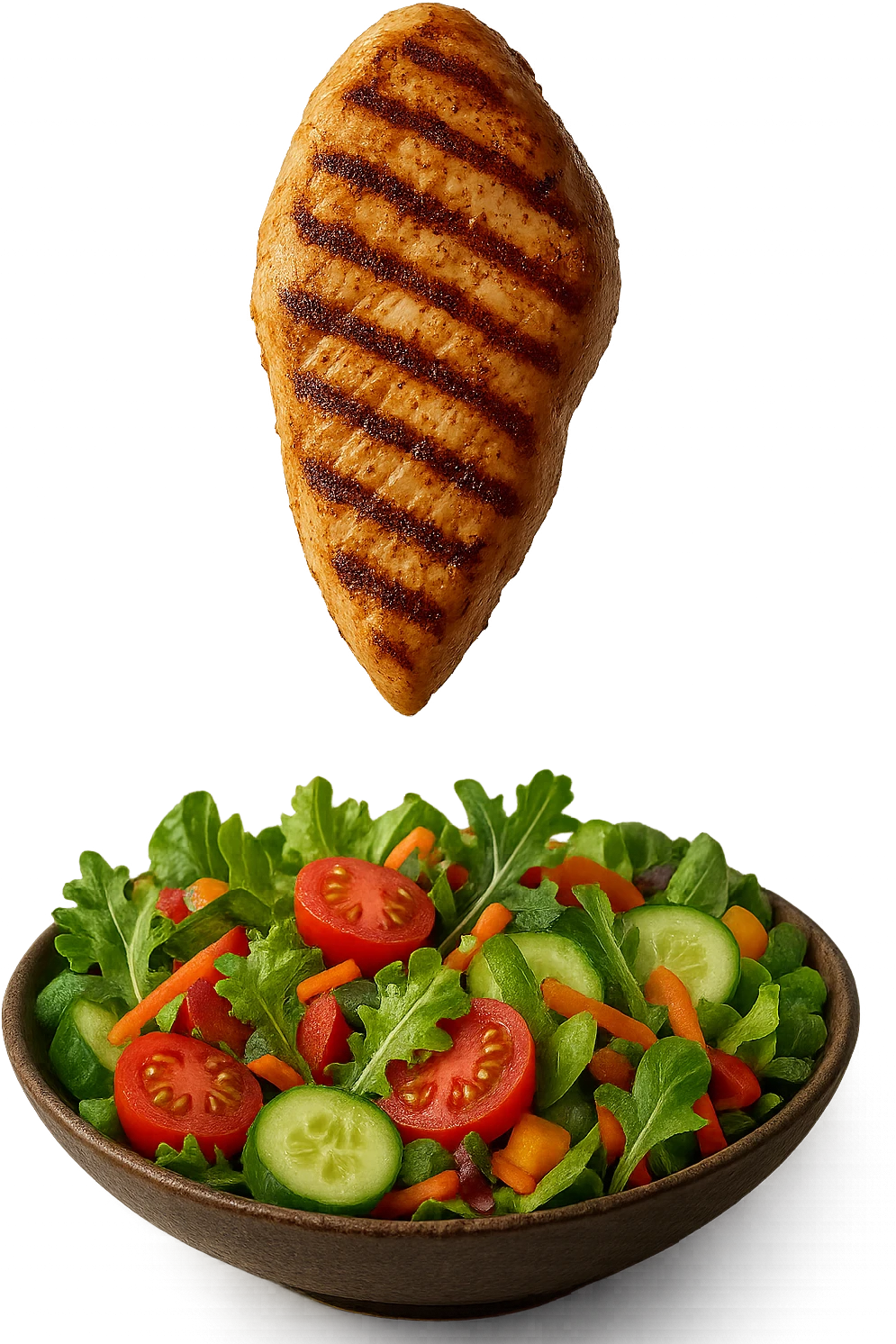INSALATA CON PETTO DI POLLO GRIGLIATO CHE CADE DALL'ALTO, IPERREALISTICO 4K emoji