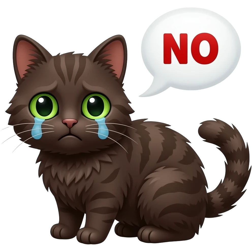 Cute sad depressed dark brown scrunkly cat with green eyes saying “NO” in red letters with a speech bubble emoji
