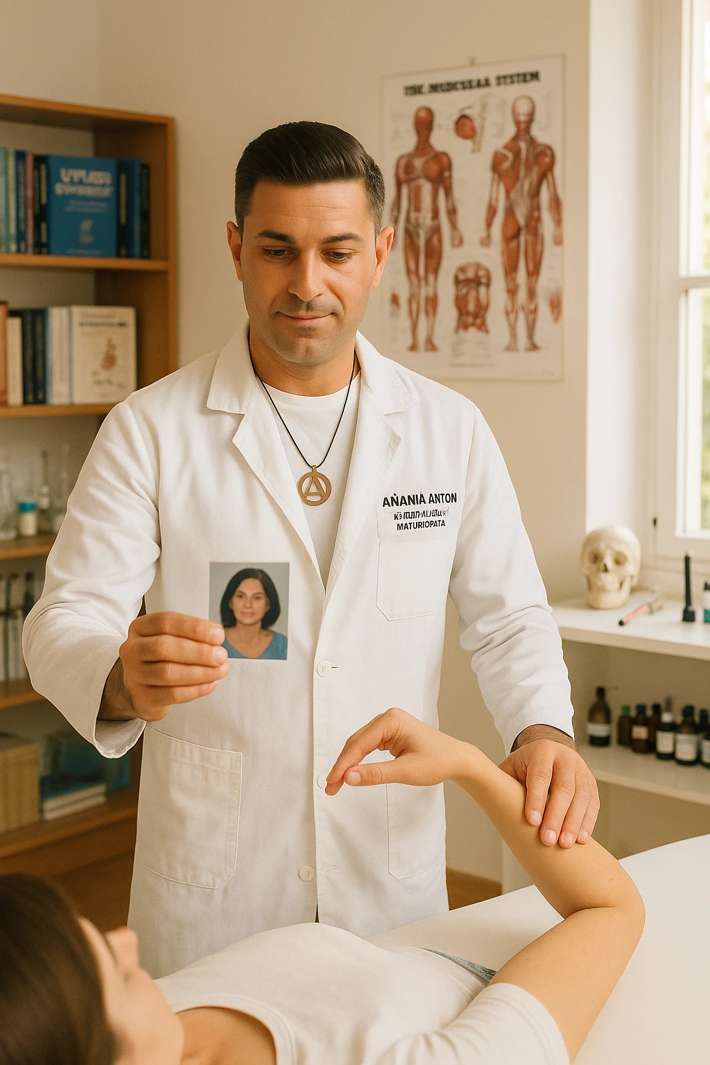a middle-aged man, dressed in casual professional attire, is in a bright, organized therapy studio. Durante una visita di kinesiologia, il testimone tiene con una mano la foto di una persona lontana (il “testimone”) tiene la foto in mano, mentre con l’altra mano esegue un test muscolare su un cliente presente. Sullo sfondo si vedono libri di kinesiologia, poster anatomici e strumenti tipici della disciplina. L’atmosfera è concentrata e serena, con luce naturale che entra dalla finestra, sottolineando l’aspetto alternativo e umano della pratica. emoji
