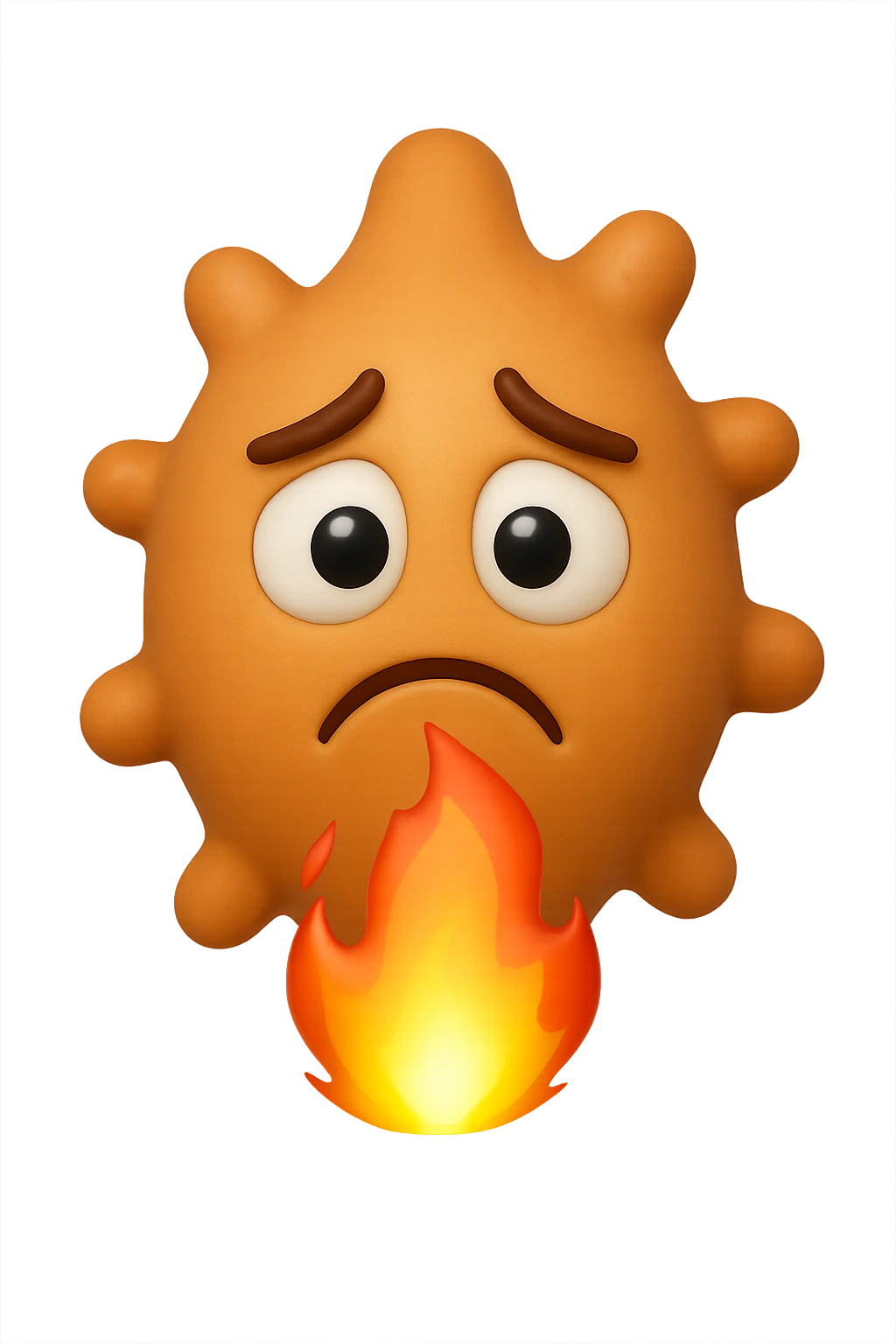 EMOJI STILE IPHONE 3D DI BATTERI INTESTINALI 3D CON ESPRESSIONE TRISTE  IN VOLTO MENTRE SOTTO DI LORO BRUCIA UNA FIAMMA, FAGLI ANCHE LA PARTE BIANCA DEGLI OCCHI, NON SOLO LA PUPILLA emoji
