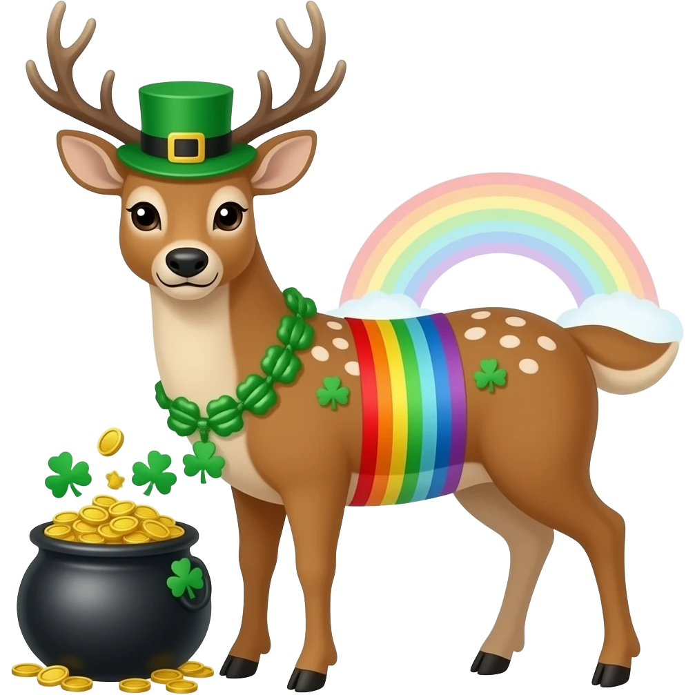 Deer dressed for St Patrick’s day with rainbow and pot of gold emoji