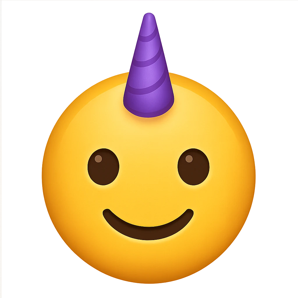 yellow face with purple unicorn horn, digital illustration emoji emoji