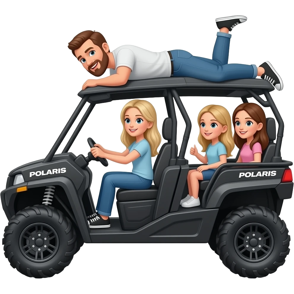 Side view Black 4 door sxs Polaris ranger atv  dad with beard laying on top being silly and blonde long hair mom driving and two kids (girls younger is blonde older is brown) in back emoji
