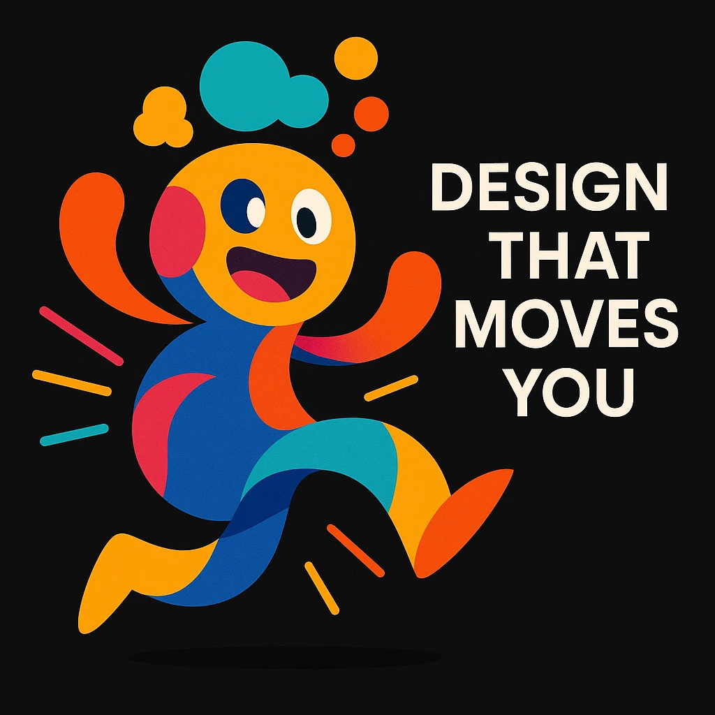 imaginative abstract mascot for a black website, playful and energetic, with thought bubbles and dynamic shapes to represent creativity and movement, vibrant colors, for a creative tech portfolio, includes the tagline 'Design That Moves You' emoji