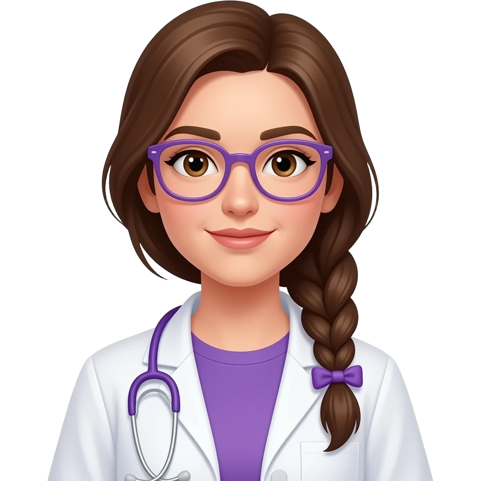 young vetenary woman, long dark blond hair with just one bread on the side, light thin purple eyeglasses brown eyes, purple hair tie, purple tshirt under our vetenary coat emoji
