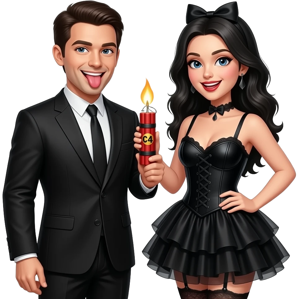 Sexy gothic dresses guy and girl wholding a lit stick of C4 dynamite smile with their tongues out playfully emoji
