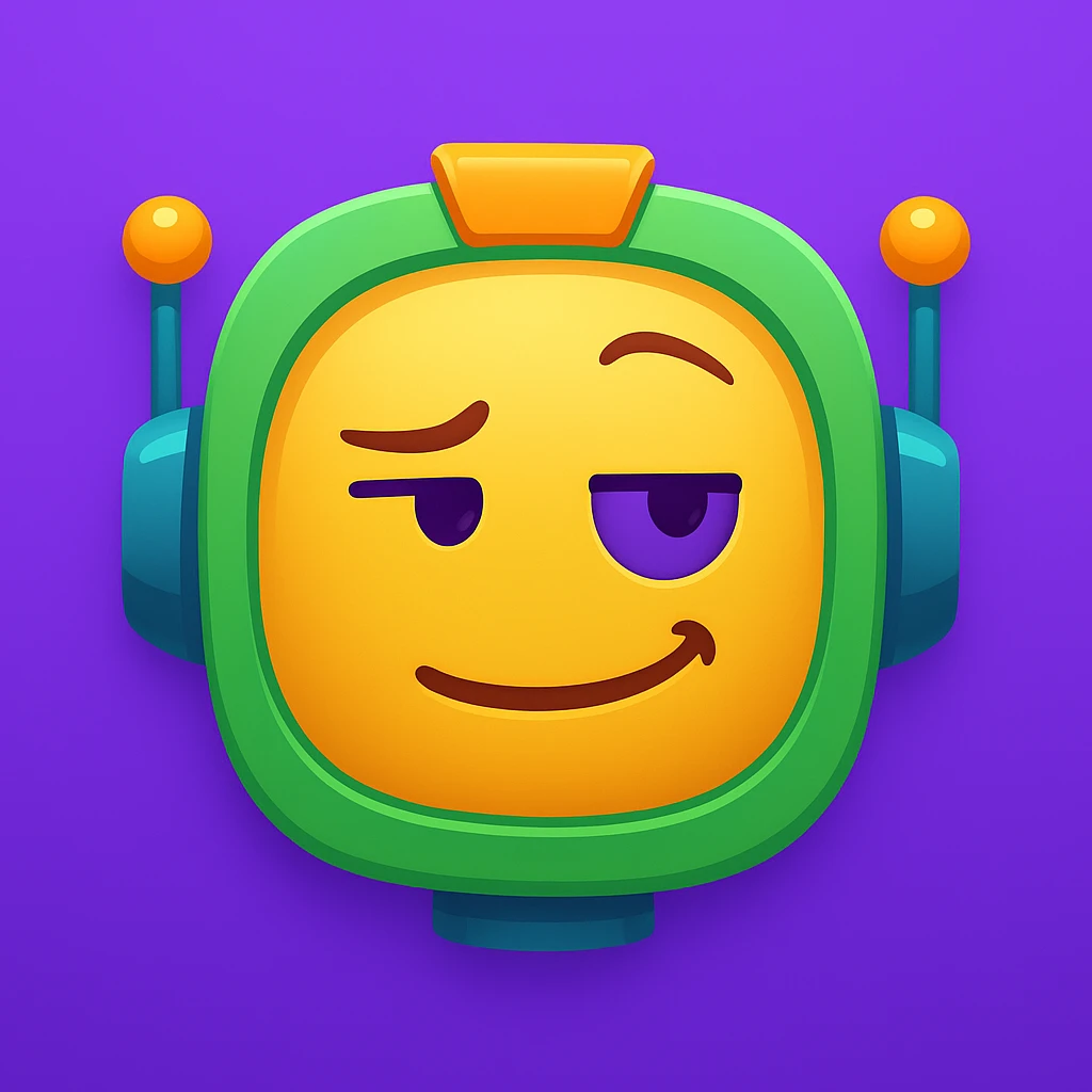 Generate a sarcastic half-emoji, half-robot character, matching the purple, green, and orange colors from the reference. Emphasize a smirk or raised eyebrow for sarcasm, combining emoji and robot elements. emoji