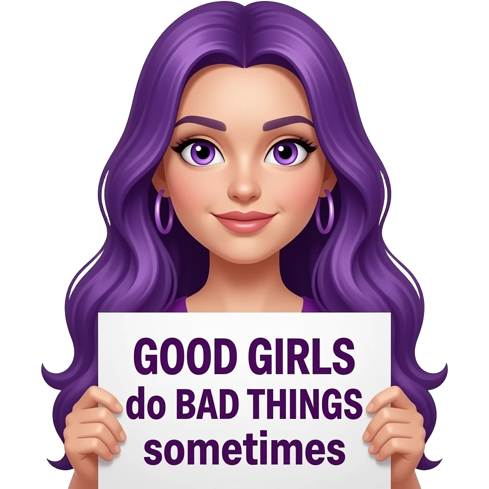 sexy girl with long purple hair and purple eyes holding a GOOD GIRLS do BAD THINGS sometimes sign emoji