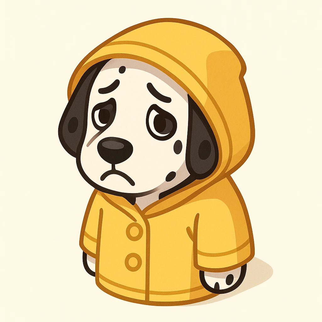 Make this dalmatian look sad and put it in a yellow rain jacket, 2D isometric cartoon style with thick black lines, expressive and clear emotions, vibrant colors, detailed rain jacket with hood and buttons, emphasizing the sad expression on the dog's face. emoji