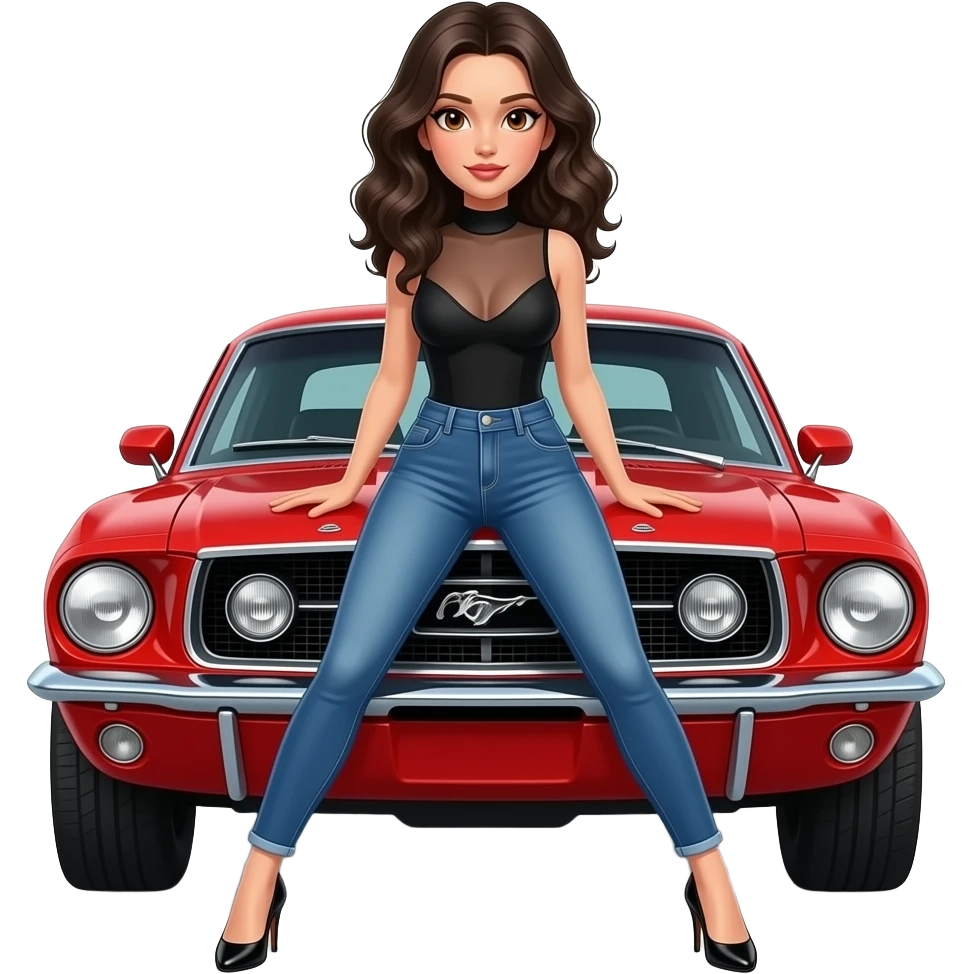 Pale girl with wavy jet black hair and brown eyes in front of a red ford mustang 1968 coupe. Girl wearing a sheer black sleeveless top, low rounded neckline, jeans and heels with visible toes. Legs spread and hands resting on the hood. emoji