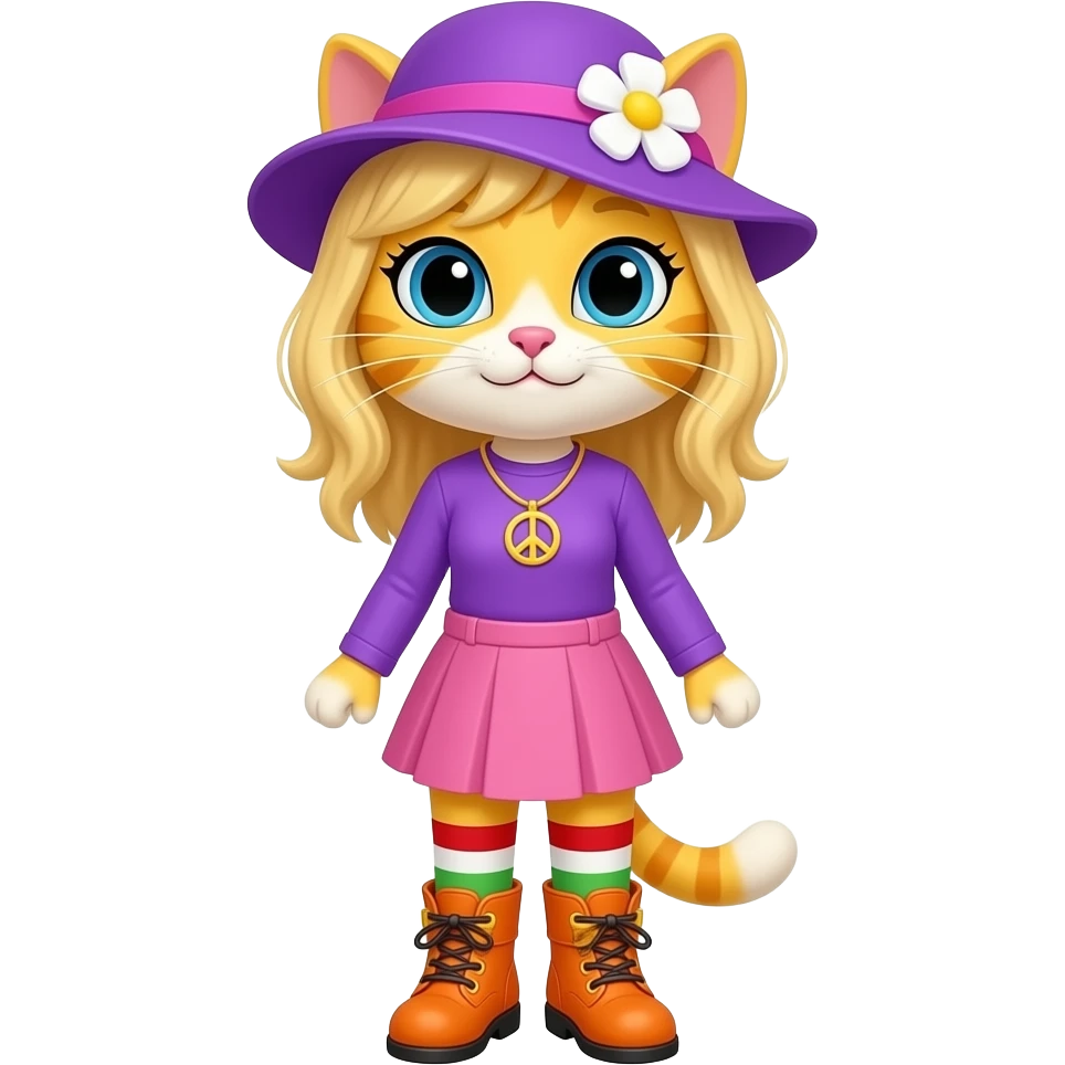 Yellow cat with blonde hair purple hat with white flower peace sign necklace  purple long sleeved shirt pink skirt  long red white green  socks orange boots with yellow buckles emoji