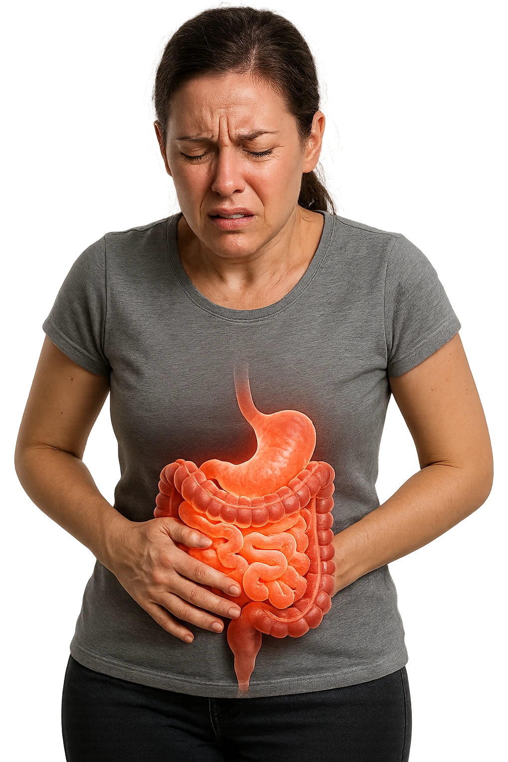 DONNA CON INTESTINO UMANO ANATOMICO IN EVIDENZA E MAL DI PANCIA, iperrealistico 4k, SFONDO BIANCO emoji
