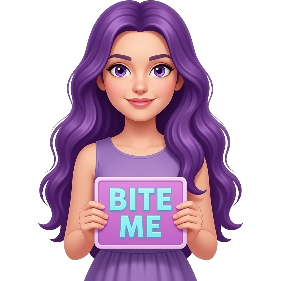 sexy girl with long purple hair and purple eyes wearing a dress holding a BITE ME sign emoji