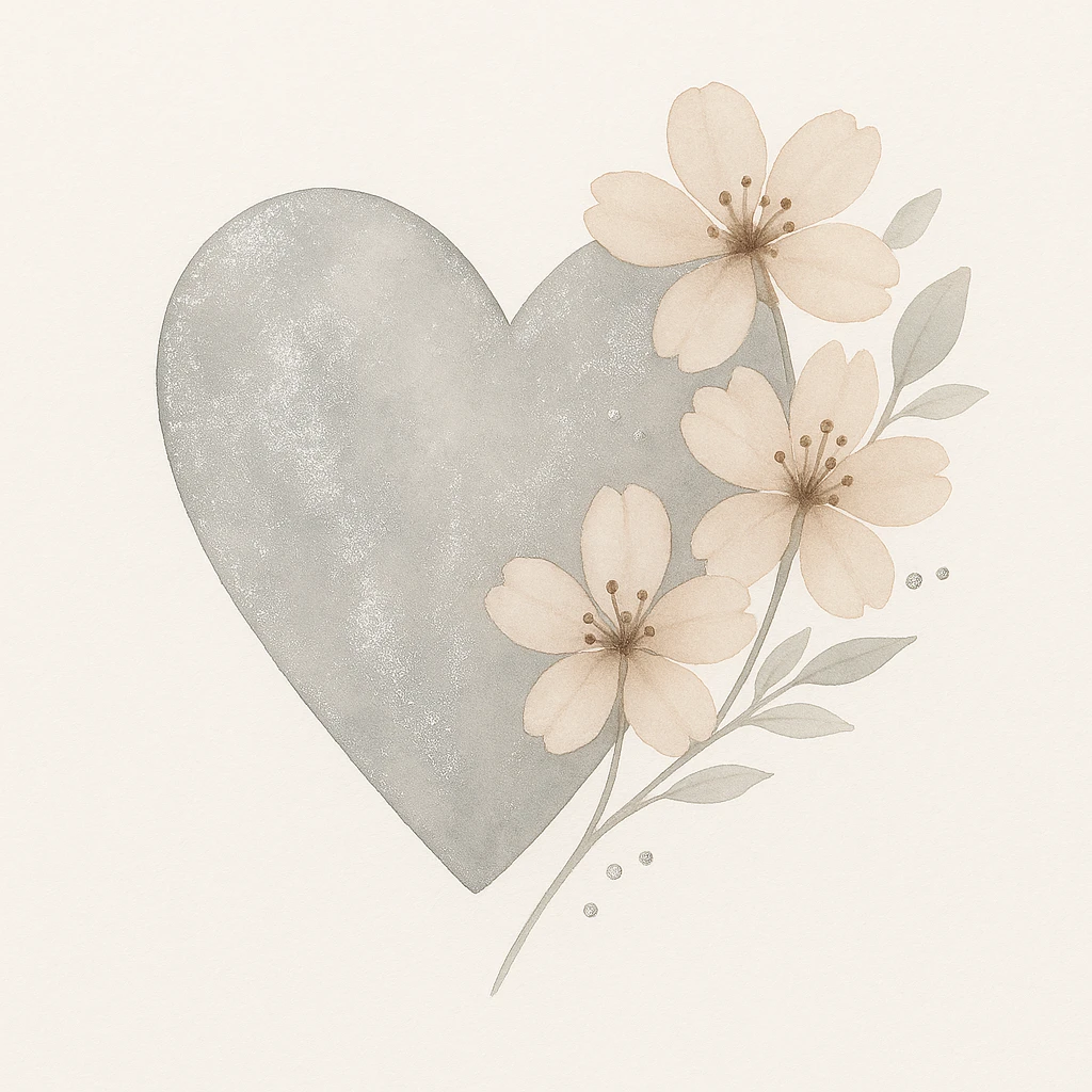 Make the silver accents and details extremely prominent and abundant on the heart with sakura, watercolor style. emoji