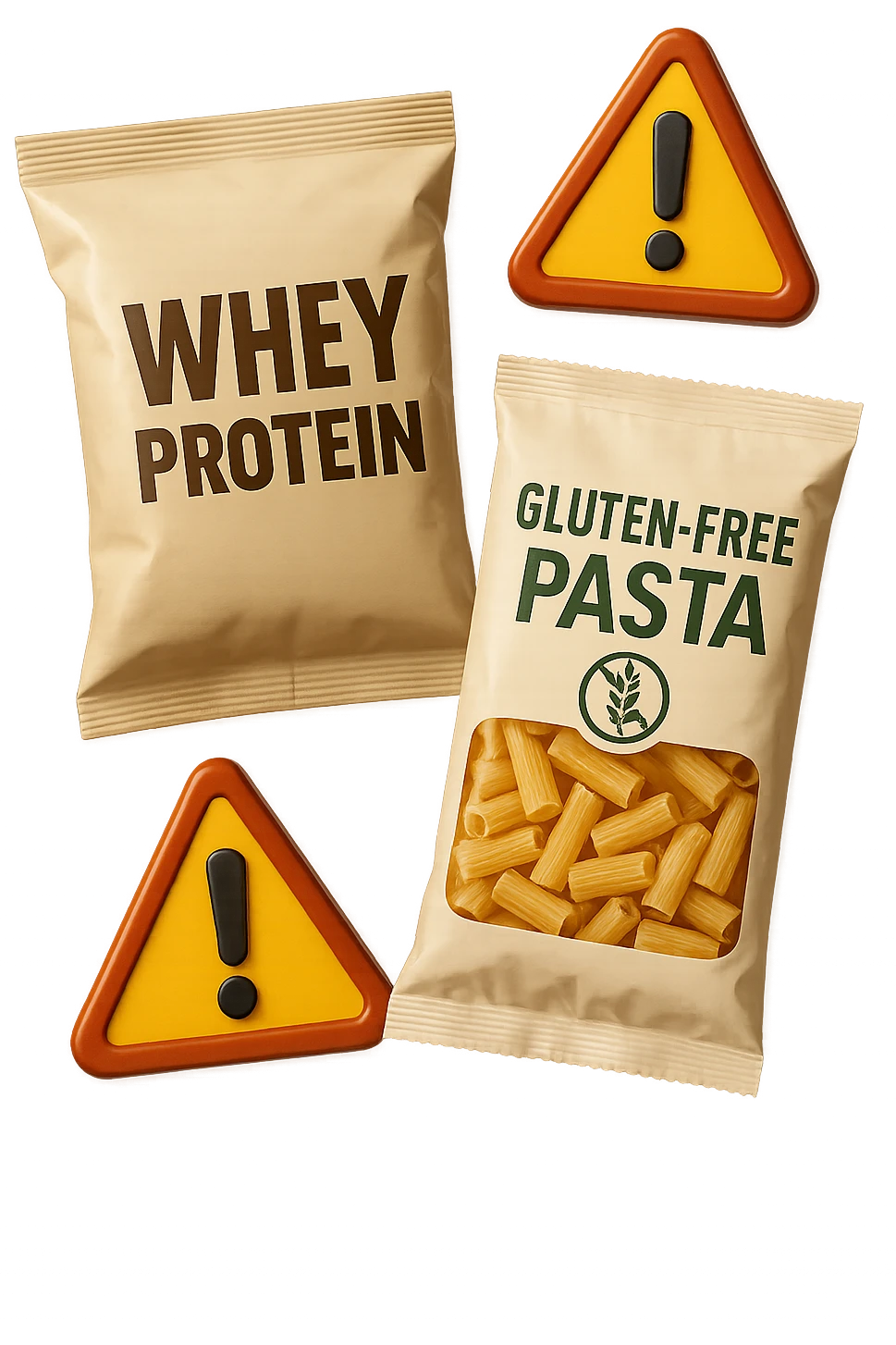 SU QUESTO STILE FAI UN EMOJI STILE IPHONE 3D DI UN pacco di whey protein e un pacco di pasta senza glutine che fluttuano in aria insieme a segnali di pericolo in 3d, FALLO MOLTO REALISTICO IN 3D emoji
