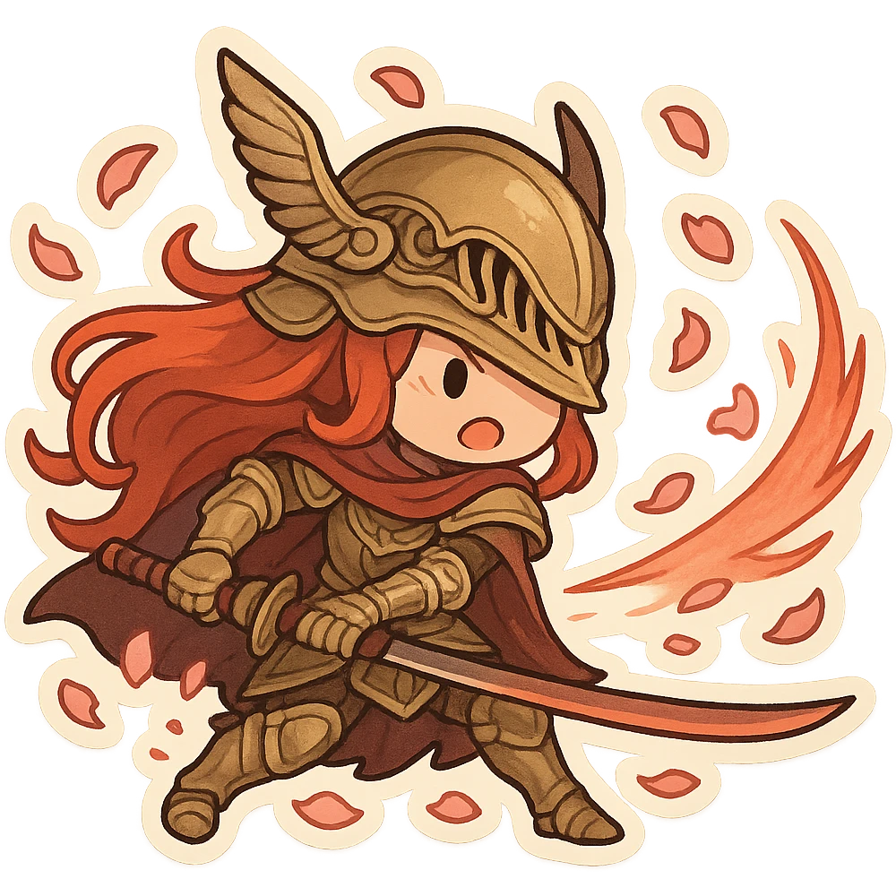 Malenia, Blade of Miquella, chibi style, mid-attack pose, golden armor, red hair flowing, prosthetic arm extended, katana slashing, flower petals swirling emoji