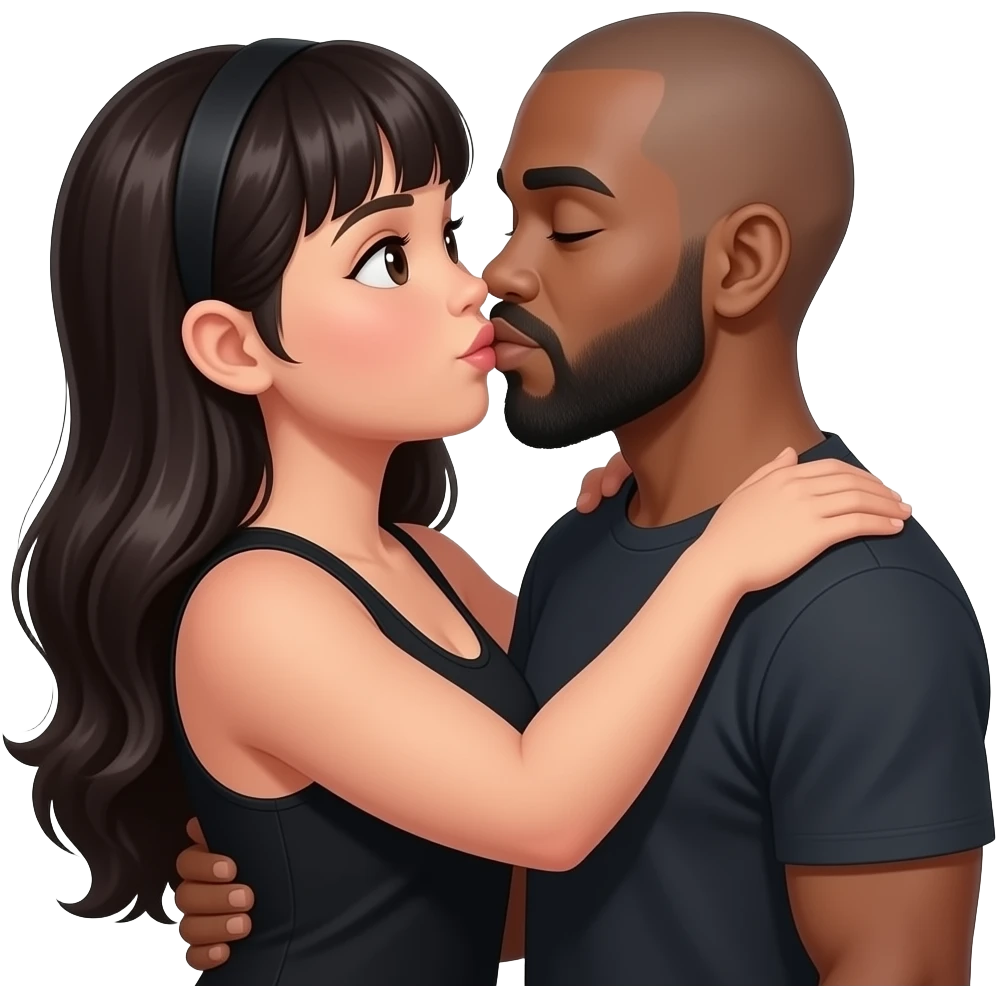 Mexican girl with bangs and a little chubby, kissing black man with grey beard td bald.  No head band and wearing a black tank top. Girl has muscular arms and long hair. Man is a little lighter skinned. emoji