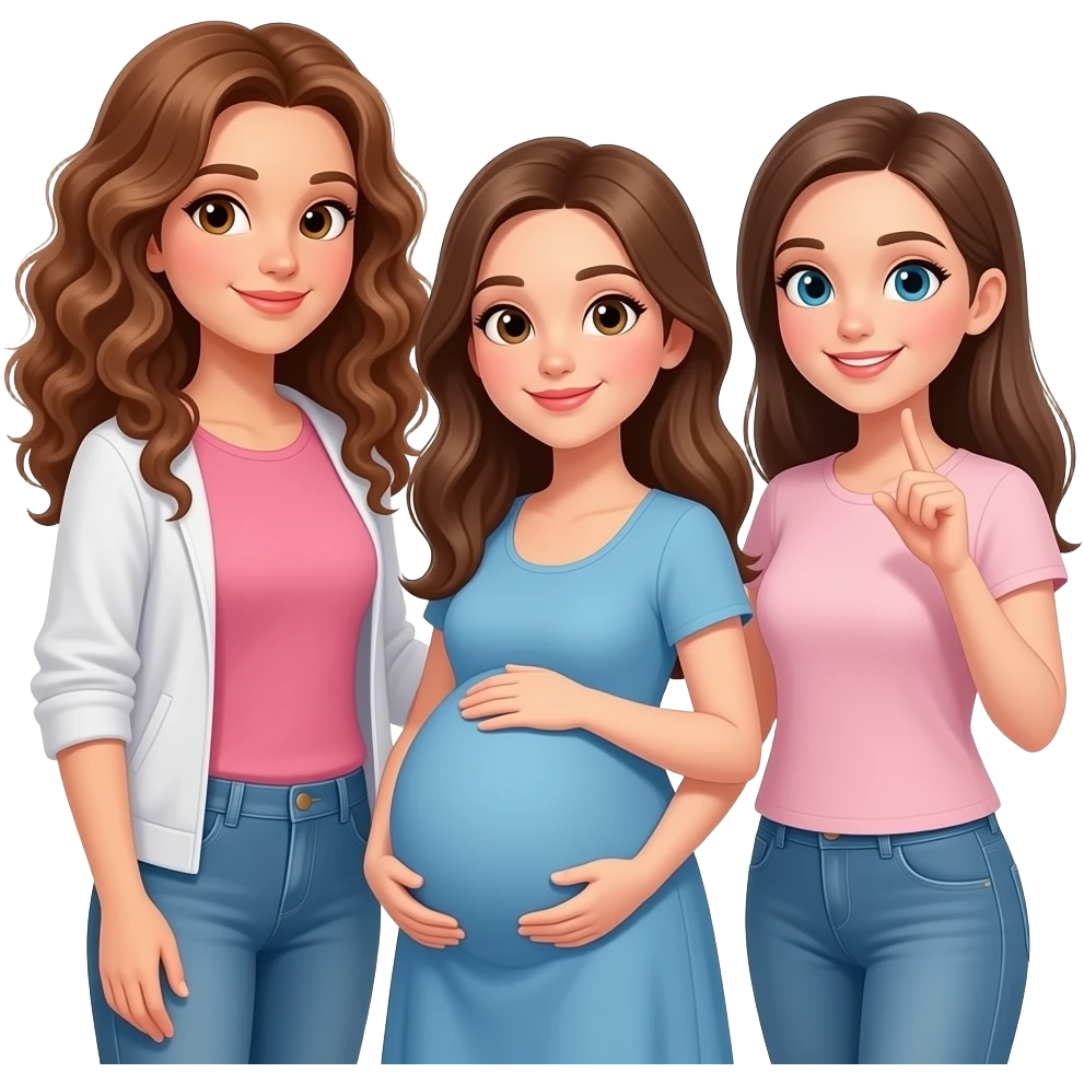 3 Caucasian girl  friends 1 tall with long curly hair, 1 brunette hair pregnant,  1 brunette emoji