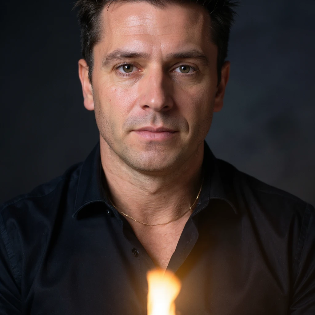 Vertical portrait of a man's face in a realistic professional photography style. The expression is serene and concentrated. Include symbols of regeneration such as light or energy rising from the bottom. The atmosphere conveys wellness during fasting. emoji