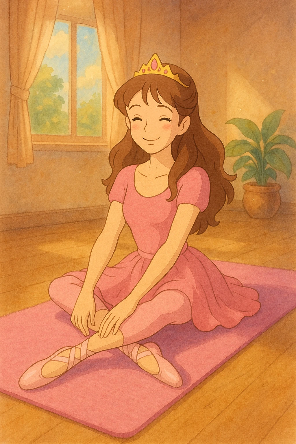 pink pilates princess sitting on a pink yoga mat, smiling, with ballet slippers, ghibli-inspired style emoji