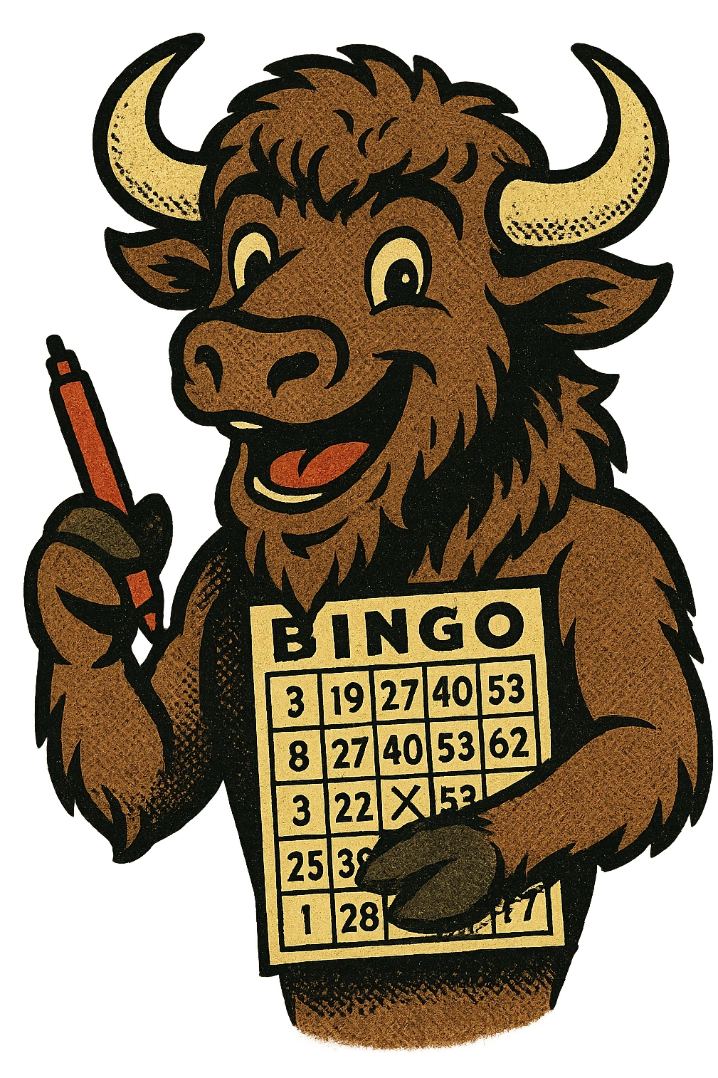 A happy buffalo from the American West with a bingo card and pen emoji