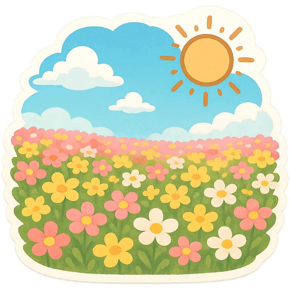 一片花海，蓝天，白云，太阳 emoji