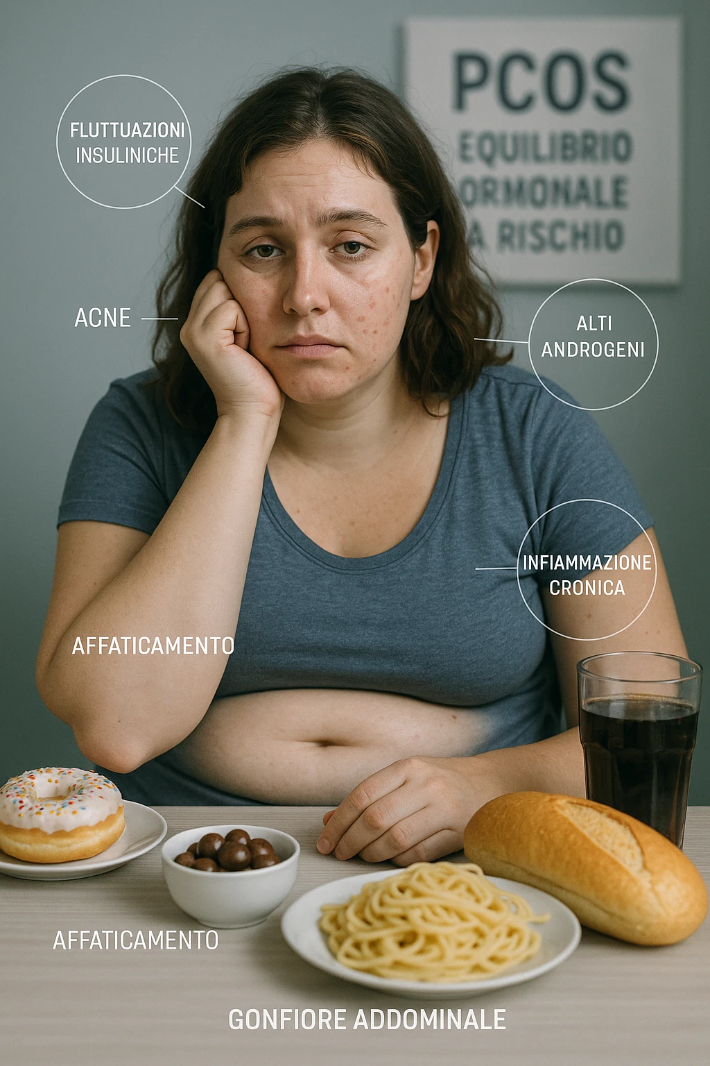 Donna tra i 25 e i 35 anni, seduta a tavola con un’espressione stanca e gonfia. Sul tavolo ci sono alimenti sbagliati per la sua condizione: dolci raffinati, pane bianco, pasta, bibite zuccherate. Intorno al suo corpo si vedono elementi simbolici che rappresentano gli effetti della PCOS peggiorata: insulina fluttuante, androgeni elevati, infiammazione bassa cronica. La sua pelle appare acneica, gonfiore addominale visibile, sguardo affaticato. Sullo sfondo, un cartello sfocato con scritto 'PCOS – equilibrio ormonale a rischio'. Stile realistico con elementi simbolici, toni freddi ma chiari in italiano emoji