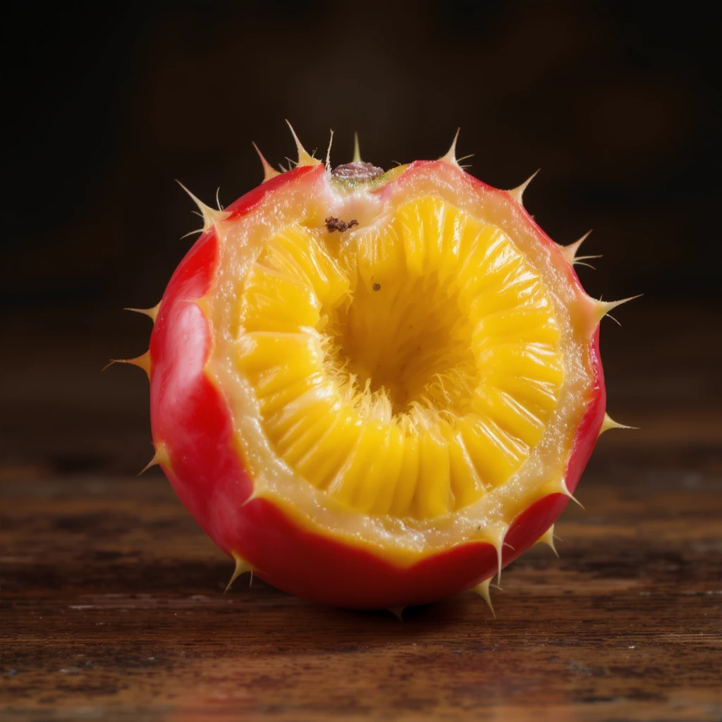 single smooth red round Stenocereus fruit with typical cactus spikes cut open to show juicy interior realistic style emoji