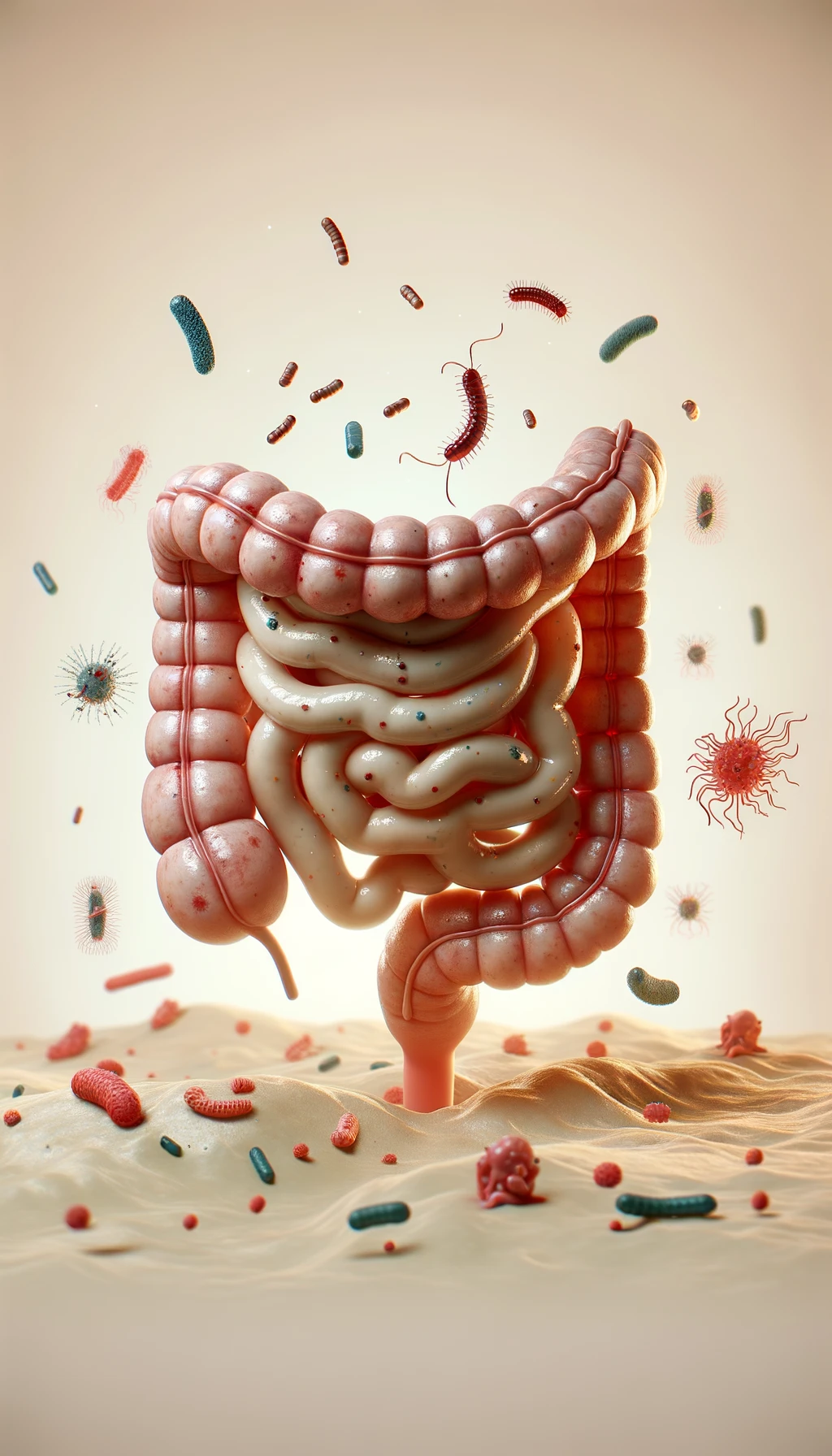 intestino umano anatomico con batteri e parassiti che gli fluttuano dietro, sfondo beige chiaro emoji