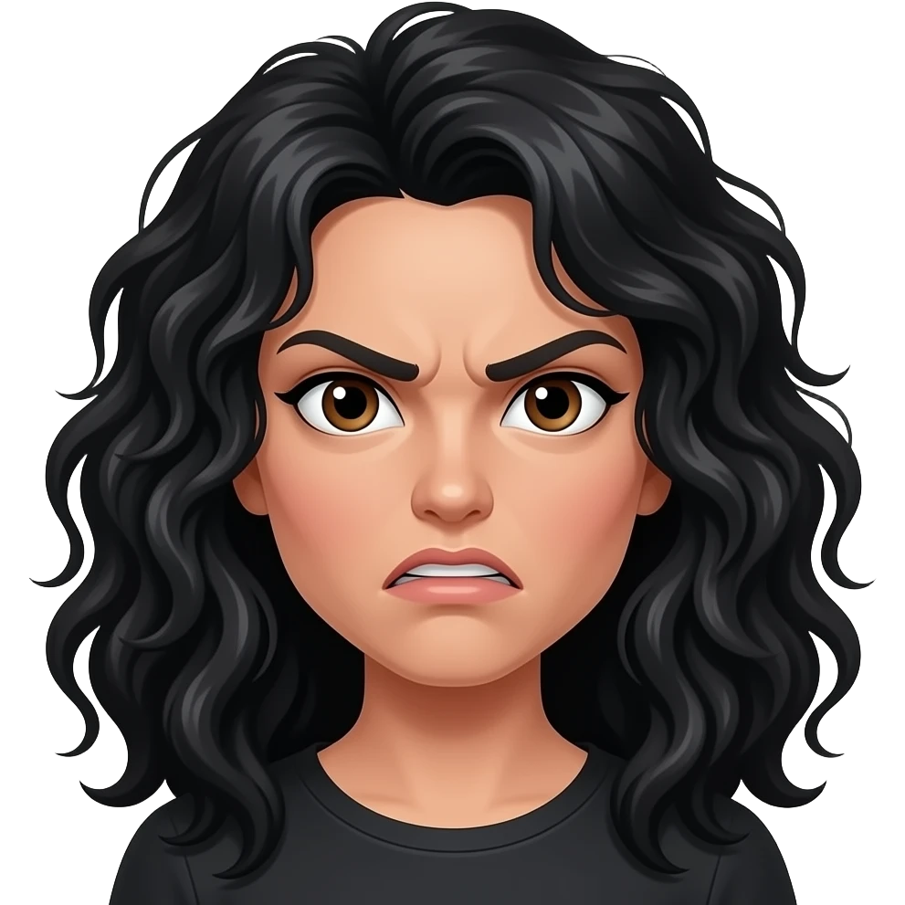 The head of a woman with dark brown eyes, long really curly messy black hair, with a mad expression emoji