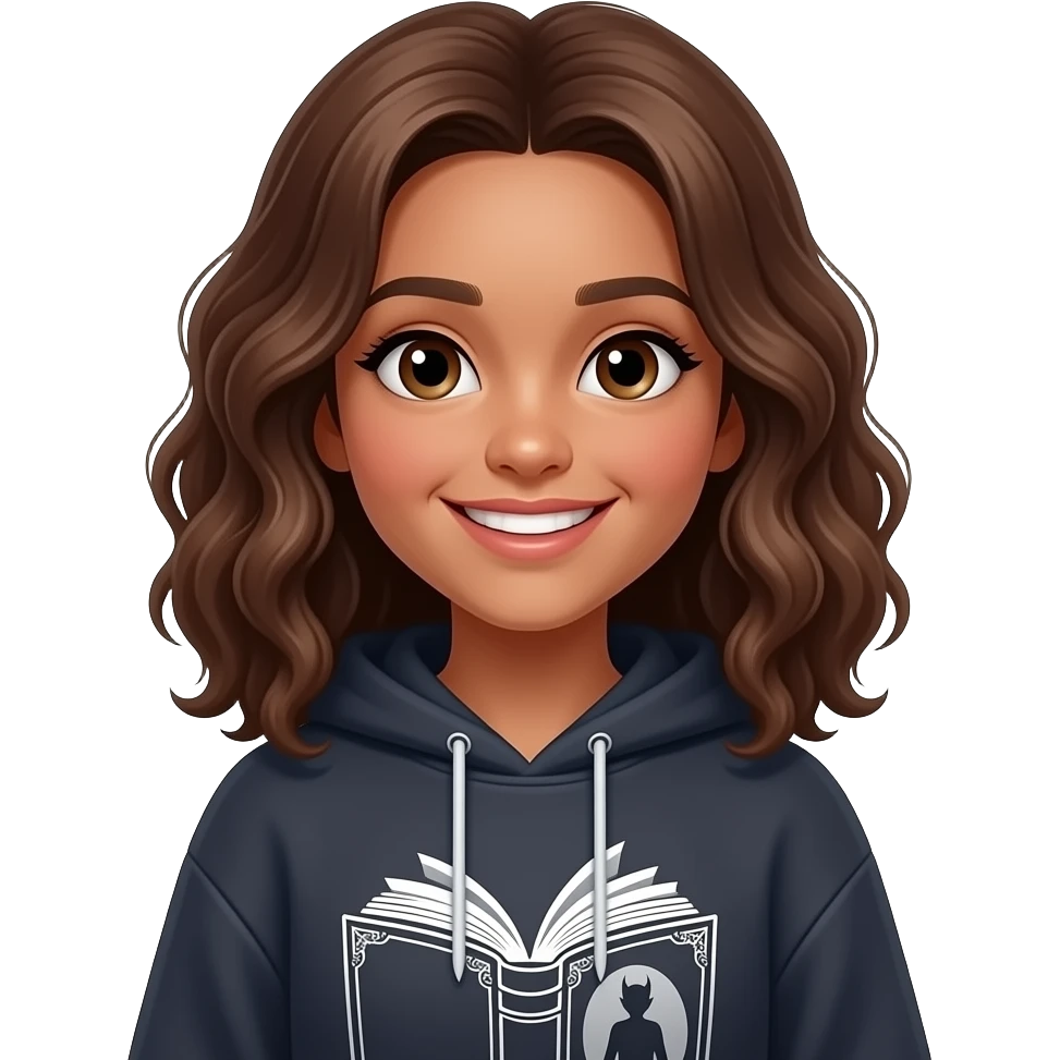 medium brown skin 13 yo girl with medium brown loose curls medium length hair who is grinning and wearing a vampire/book themed sweatshirt emoji