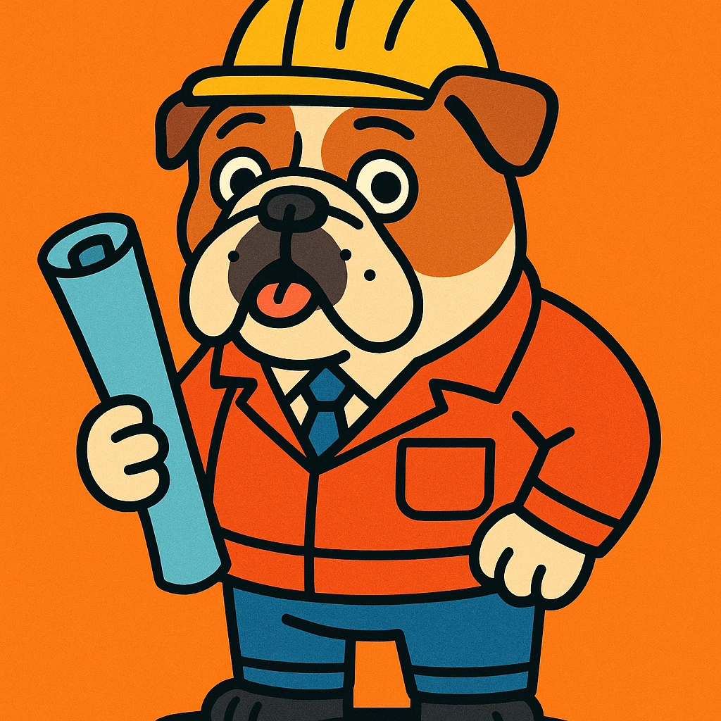 English Bulldog dressed as an engineer, wearing a hard hat and holding blueprints, cartoon style emoji