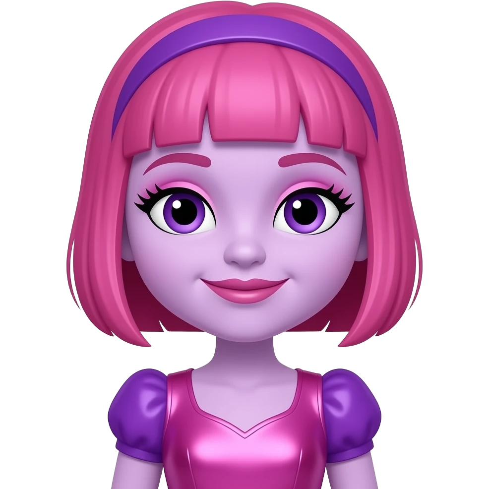Deedee Doodle from The Doodlebops with lilac skin, purple eyes, pink shoulder-length bob hair, purple headdress, pink eyeshadow and lipstick, pink metallic doo wop dress with purple shoulder sleeve emoji