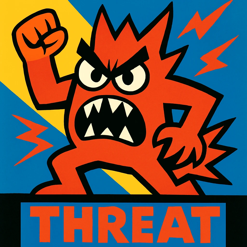 the concept of threat, visually interpreted, cartoonish style, exaggerated features, playful yet clear depiction emoji