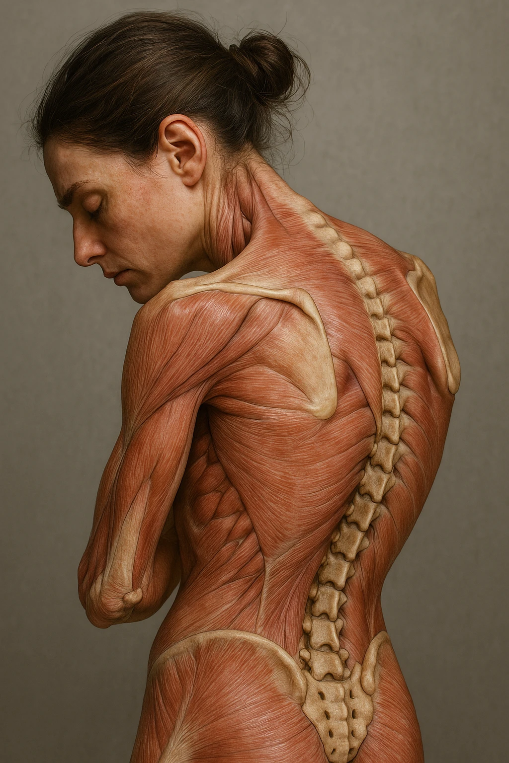 CORPO UMANO ANATOMICO di una donna di profilo con spalle chiuse e postura incurvata, spina dorsale in evidenza, IPERREALISTICO 4K emoji