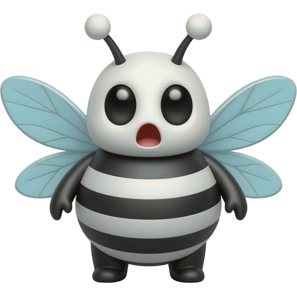 3D cartoon bee emoji, rounded chubby body, black and white stripes, big glossy black eyes wide open, mouth open in shock, light blue transparent wings, black antennae with white round tips, smooth shiny surface, black background emoji