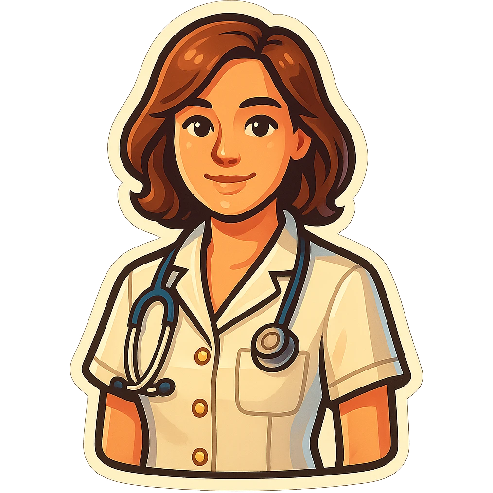 female medical coat with short sleeves, front view, straight angle, looking at camera, retro stickers style, soft rounded shapes, clean contours, pastel palette, detailed shadows and highlights, modern illustration, transparent background emoji