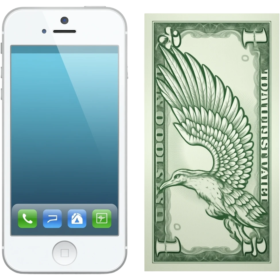 A white iPhone 5s with a banknote featuring wings next to it emoji
