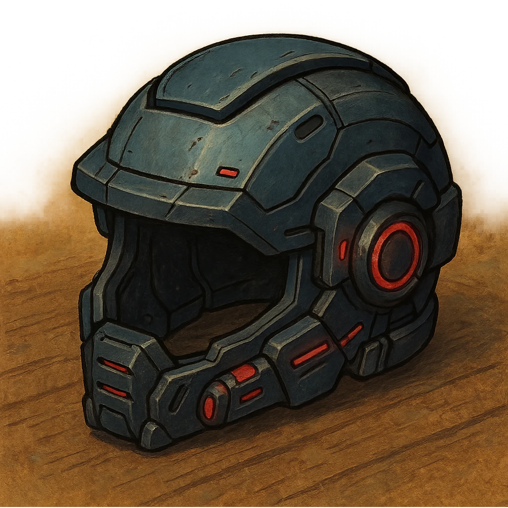 the image is the icon for a videogame insta-use item, it is armor [open face combat helmet] - futuristic cyberpunk -ready to equip-  it is master craftsmanship [ unequipped item ] emoji