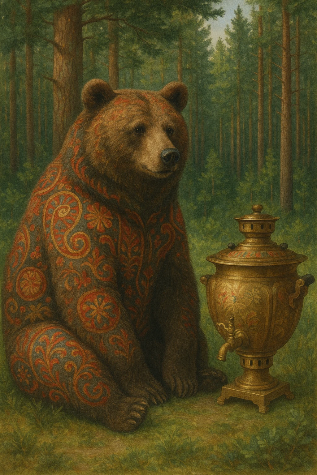 A Russian bear, realistic style, sitting with a samovar, pine forest background, subtle Russian motifs like traditional patterns and colors. emoji