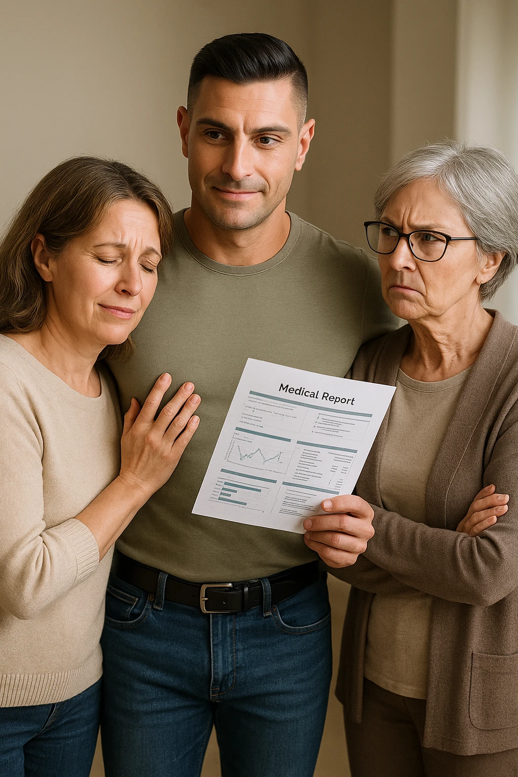 Middle-aged man standing between his menopausal wife and critical mother-in-law, body language shielding her, medical reports in hand proving her symptoms are real emoji