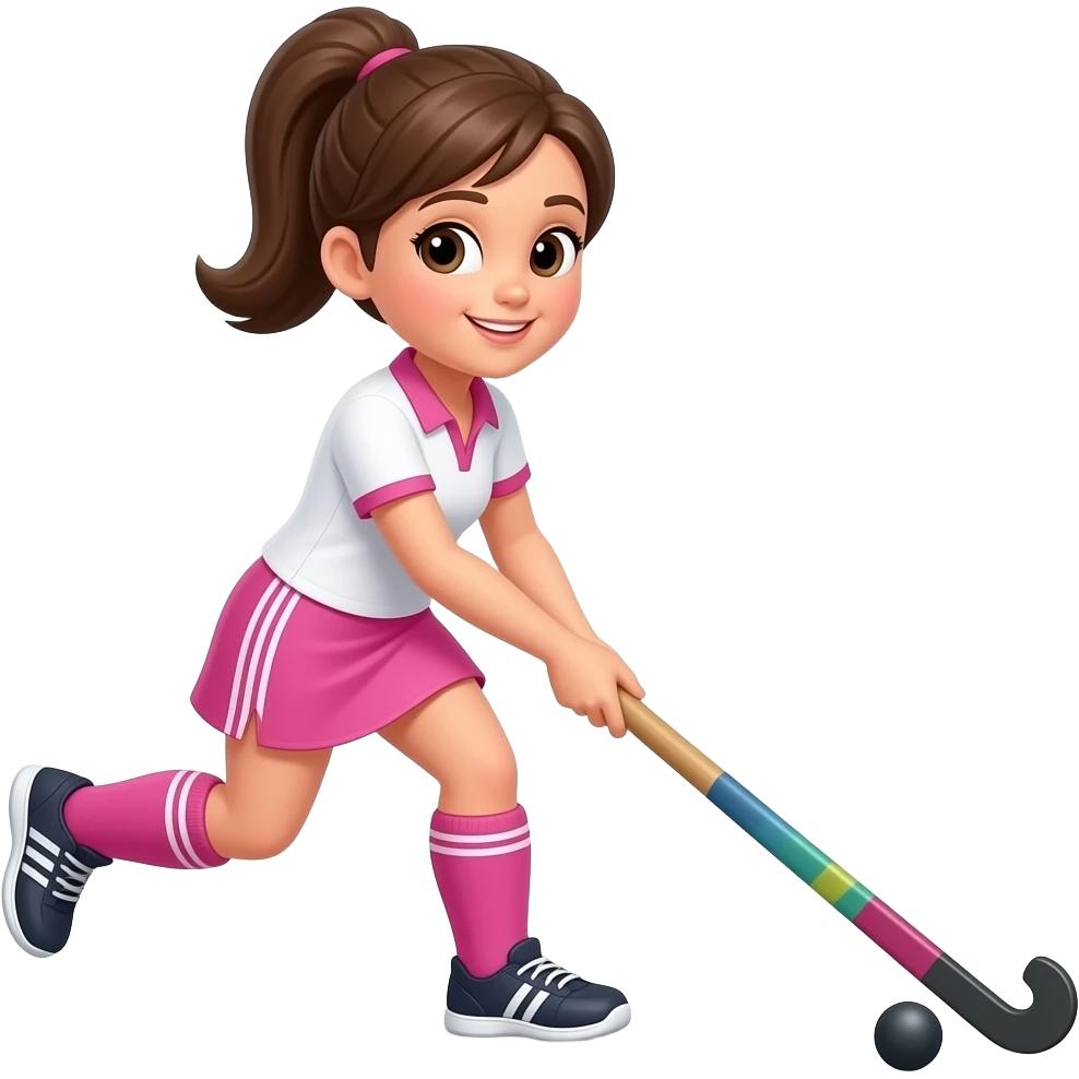 cartoon girl field hockey player playing hockey both hands on the hockey stickwearing pink and white facing to the right emoji