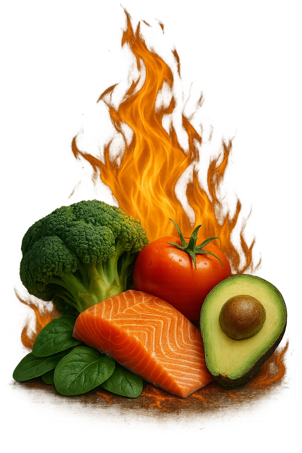 fiamma su cibo sano, metabolismo iperrealistico emoji