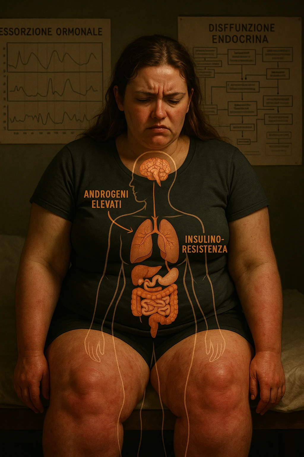 cinematic realistic in italiano Woman with PCOS struggling with hormonal chaos, transparent overlay showing elevated androgens and insulin resistance affecting her body, lipedema causing disproportionate fat accumulation in legs and arms despite normal torso, expression of frustration with unexplained weight gain, medical charts showing complex endocrine dysfunction, painful swollen limbs contrasting with metabolic confusion emoji