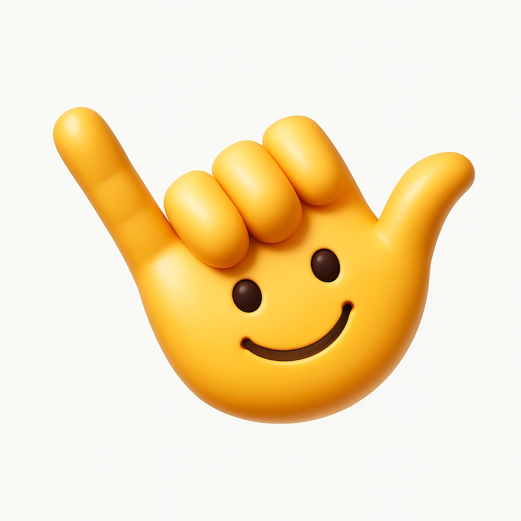 A 3D emoji in iOS emoji aesthetic style of a hand making the “shaka” gesture, with thumb and pinky extended outward and other fingers folded in, cheerful expression, clean white background, glossy Apple-style design
 emoji