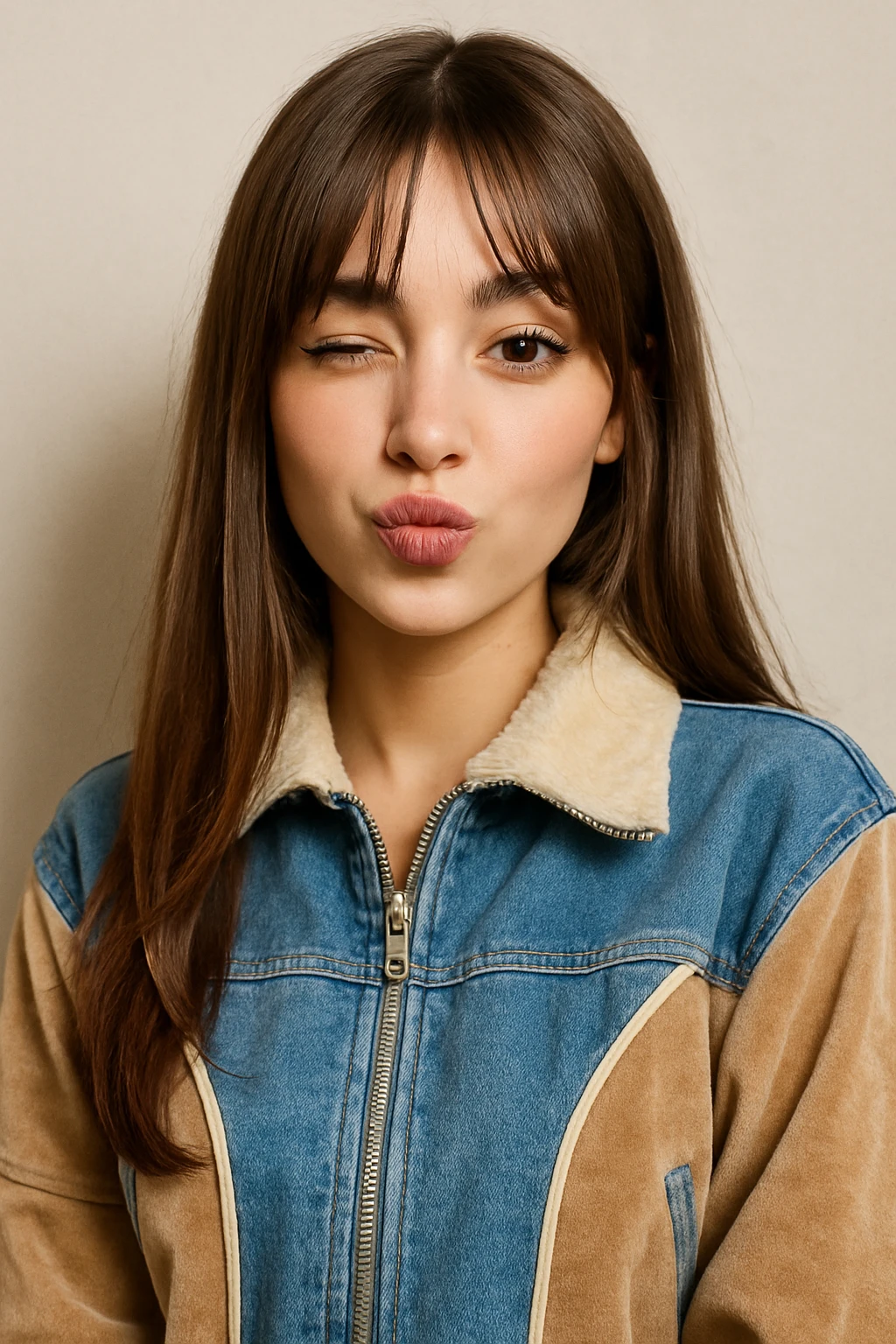 light fair skin girl, straight long light brown hair, curtain bangs, dark brown almond eyes, Y2K fashion jacket, playful expression, detailed, trendy, realistic portrait emoji