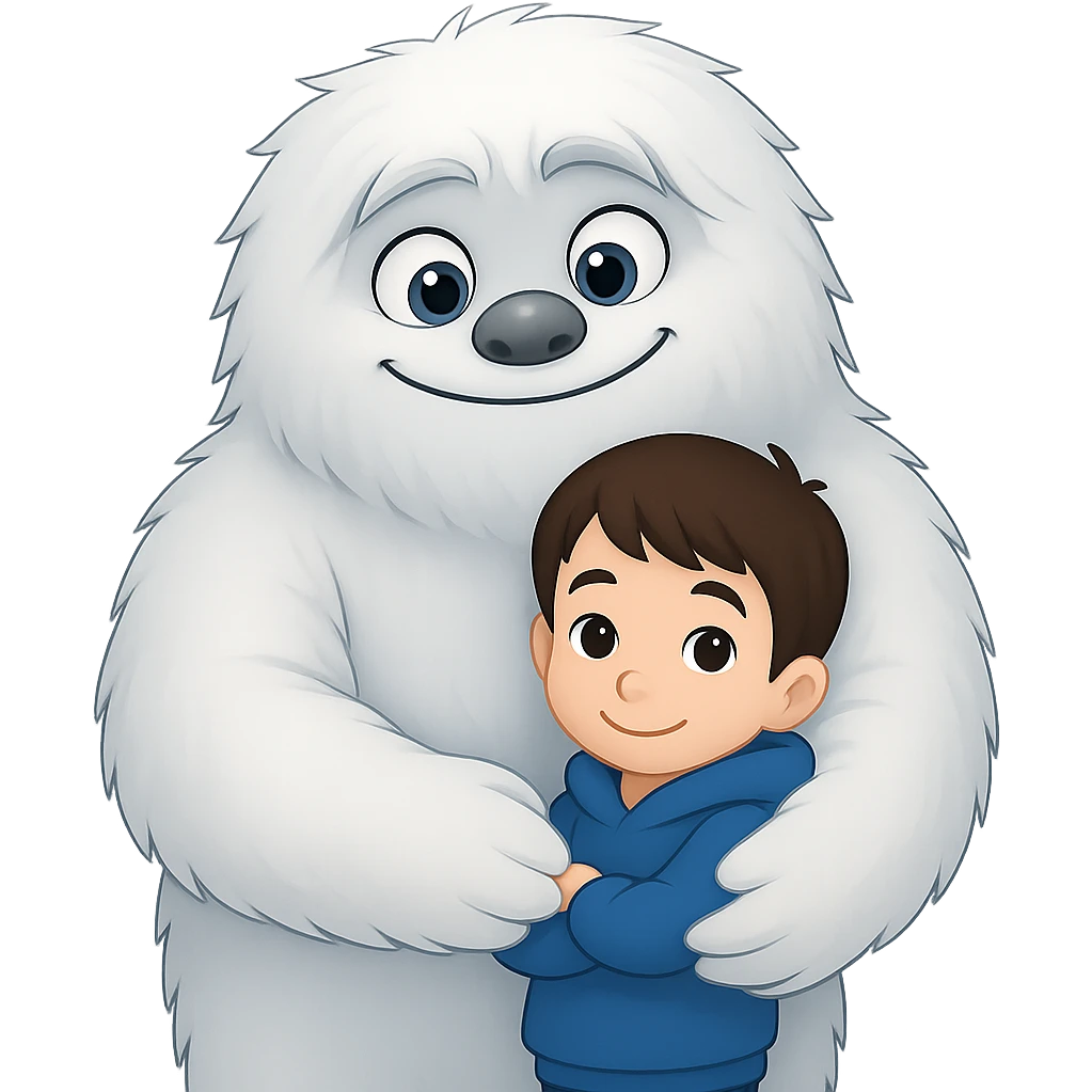 Make the kid much smaller while being hugged by the Abominable Snowman, keep the background transparent. The style should resemble the original image's look and feel. emoji