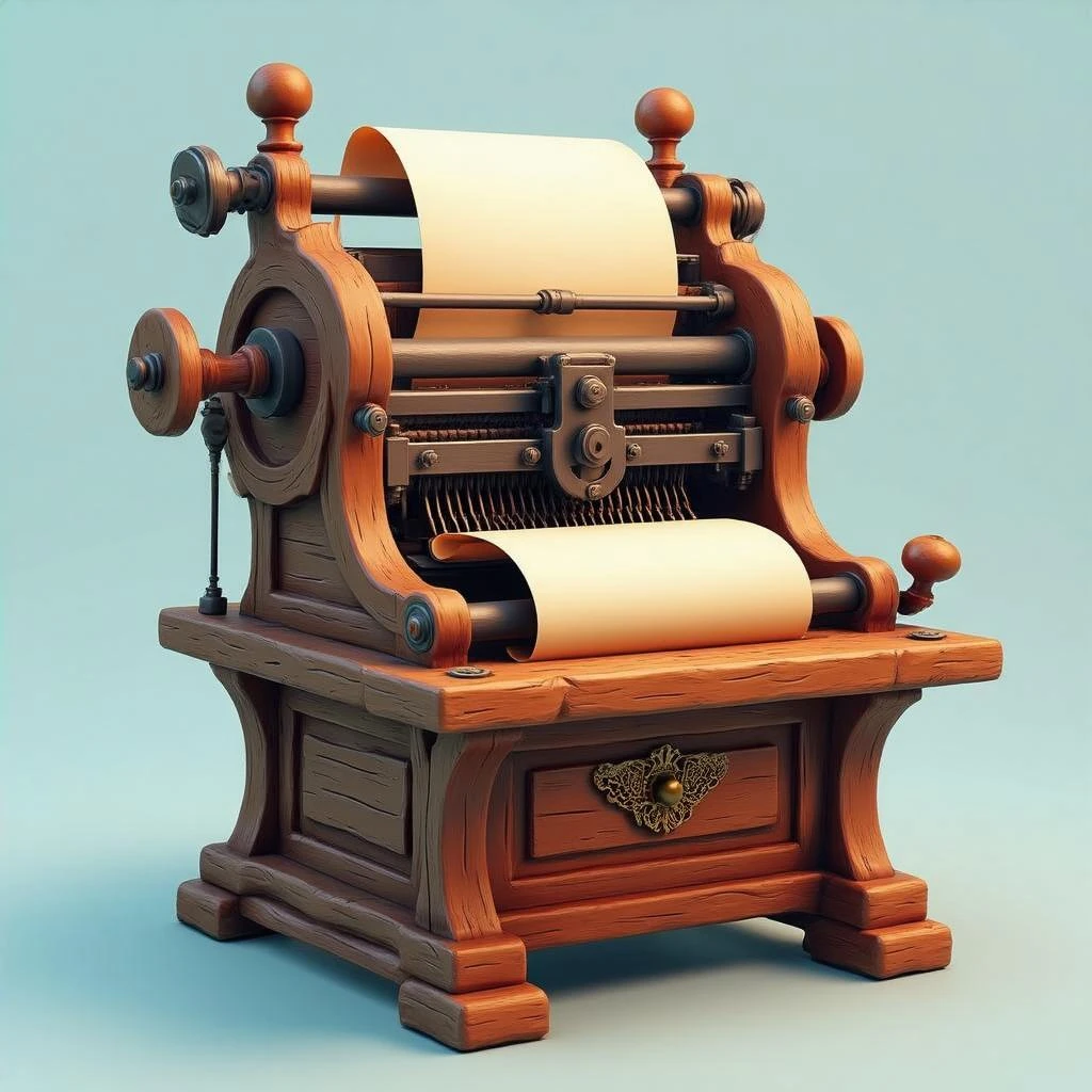 Первый книгопечатный станок в рисованном 3d стиле, прозрачный фон emoji