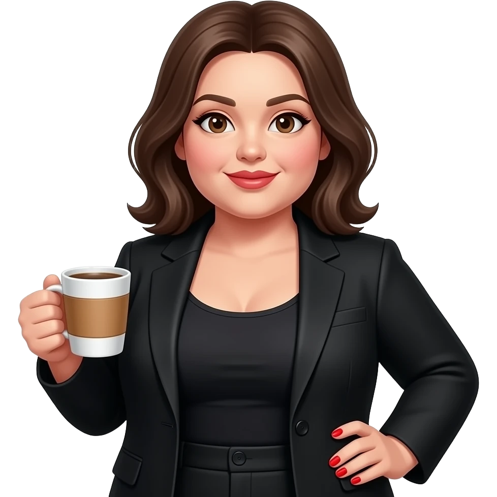 chubby white woman with dark brown shoulder length hair  and brown eyesin a black suit and tank top with red fingernails holding a cup of coffee emoji