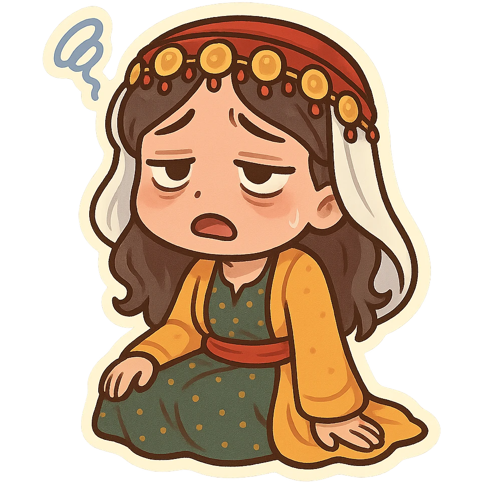 Kurdish sticker, tired mood, cartoon style, Kurdish man or woman in traditional dress, sitting and looking exhausted, expressive face, no text, suitable for social media emoji